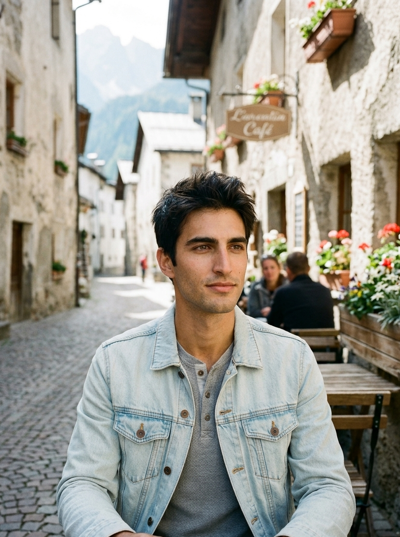 Man sitting outdoors in a scenic town with mountains in the background