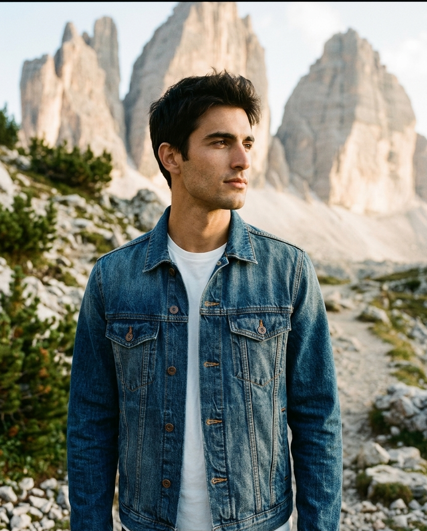 Man wearing a denim jacket standing in front of mountainous landscape