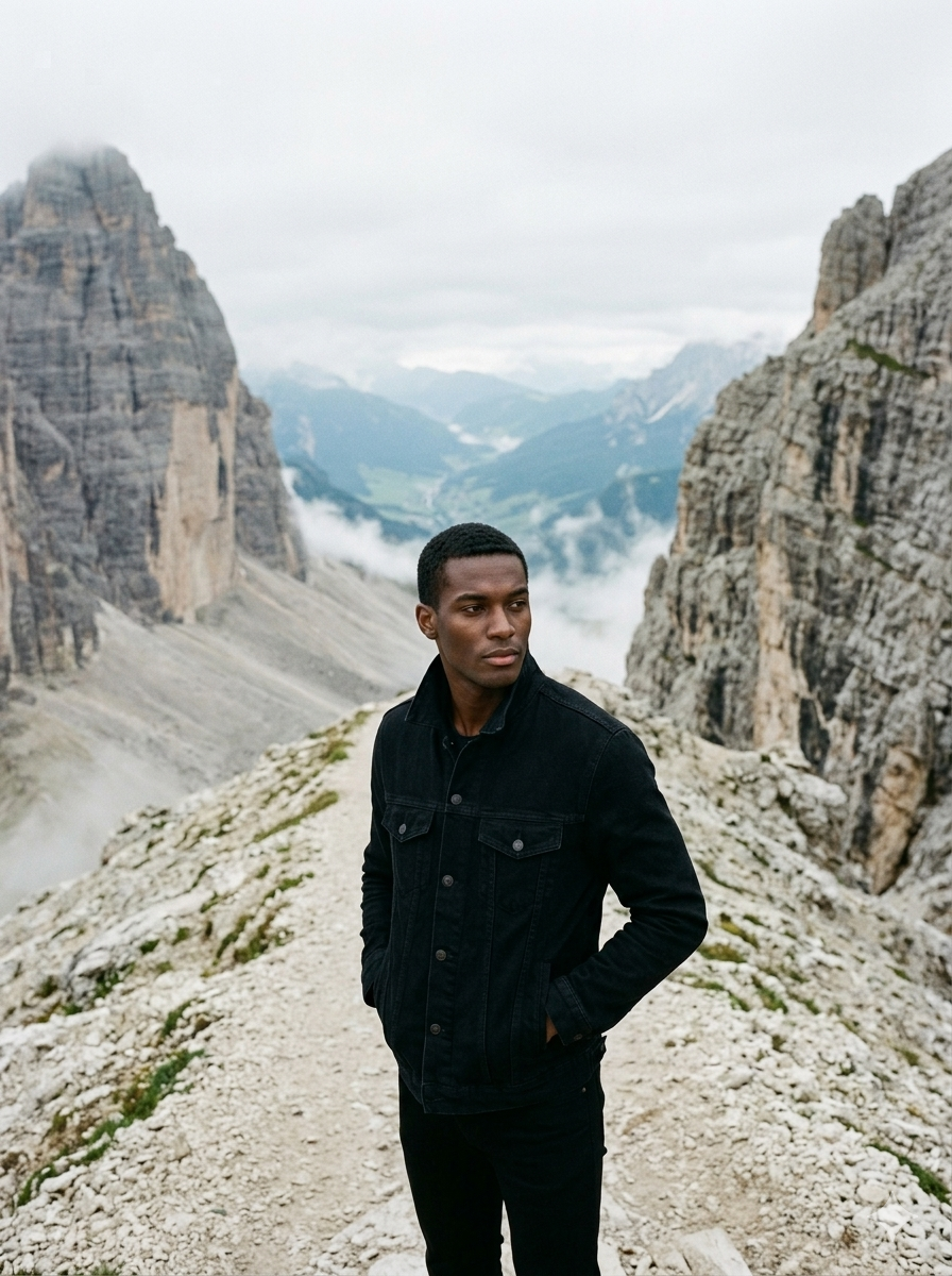 Man standing on a mountain path with dramatic mountain scenery in the background