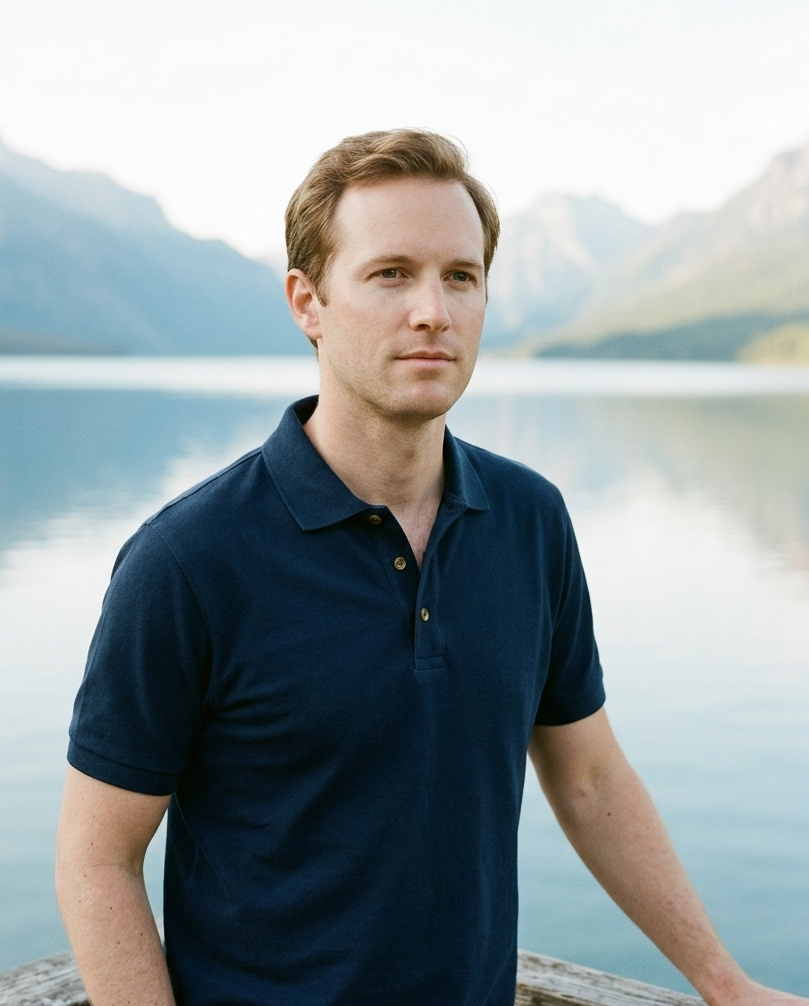 Man in a navy polo shirt standing by a lake with mountains in the background