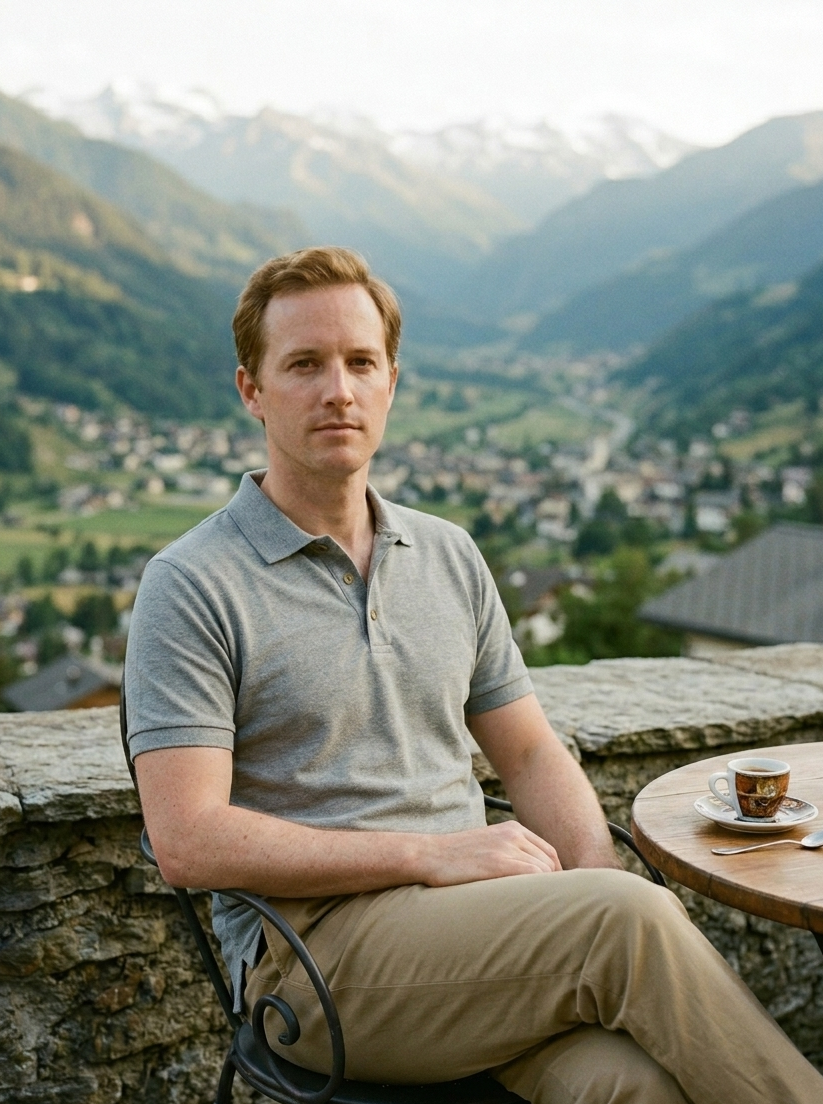 Man sitting at a table with a scenic mountain view in the background