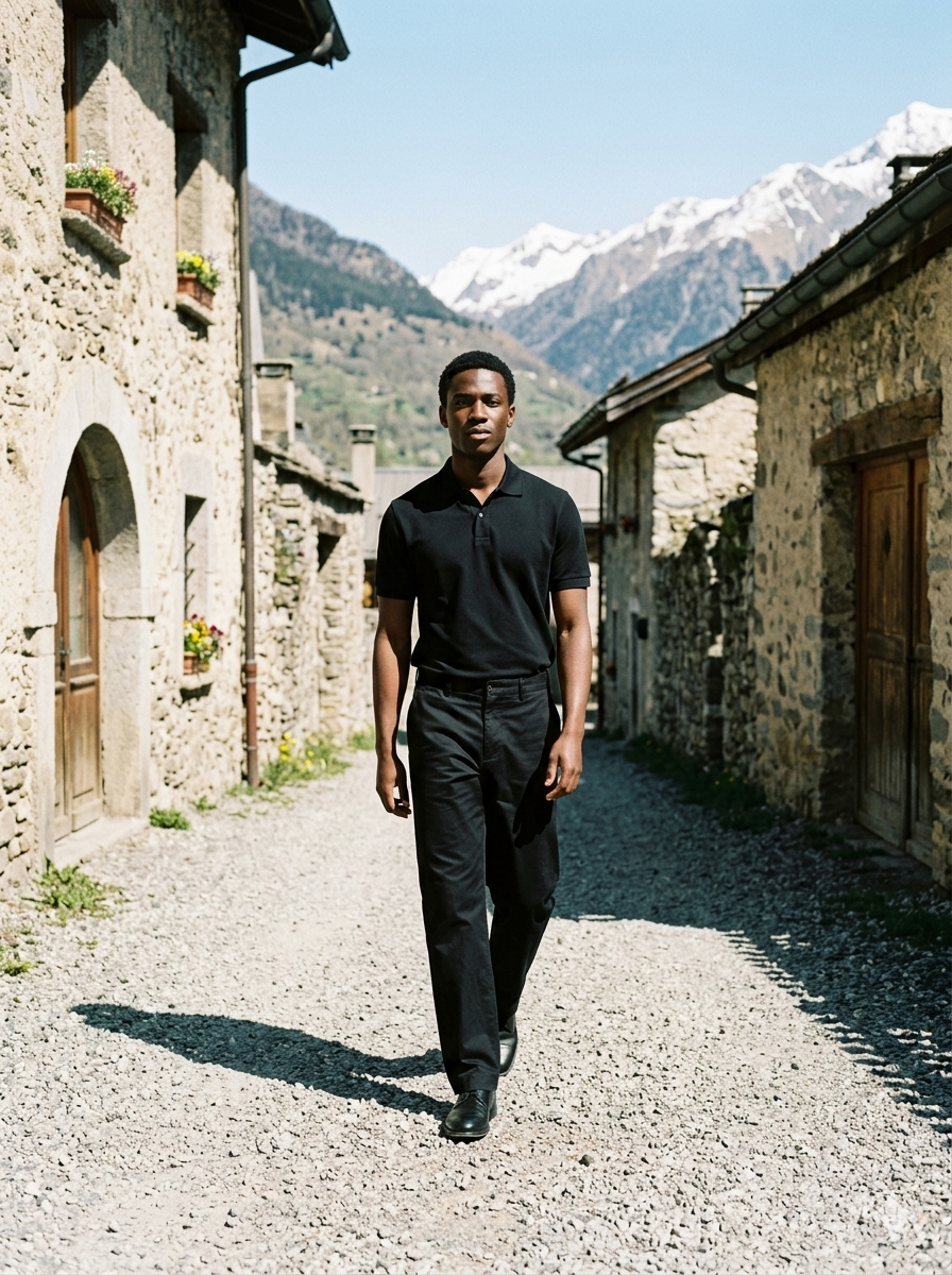 Man walking down a stone street with mountains in the background