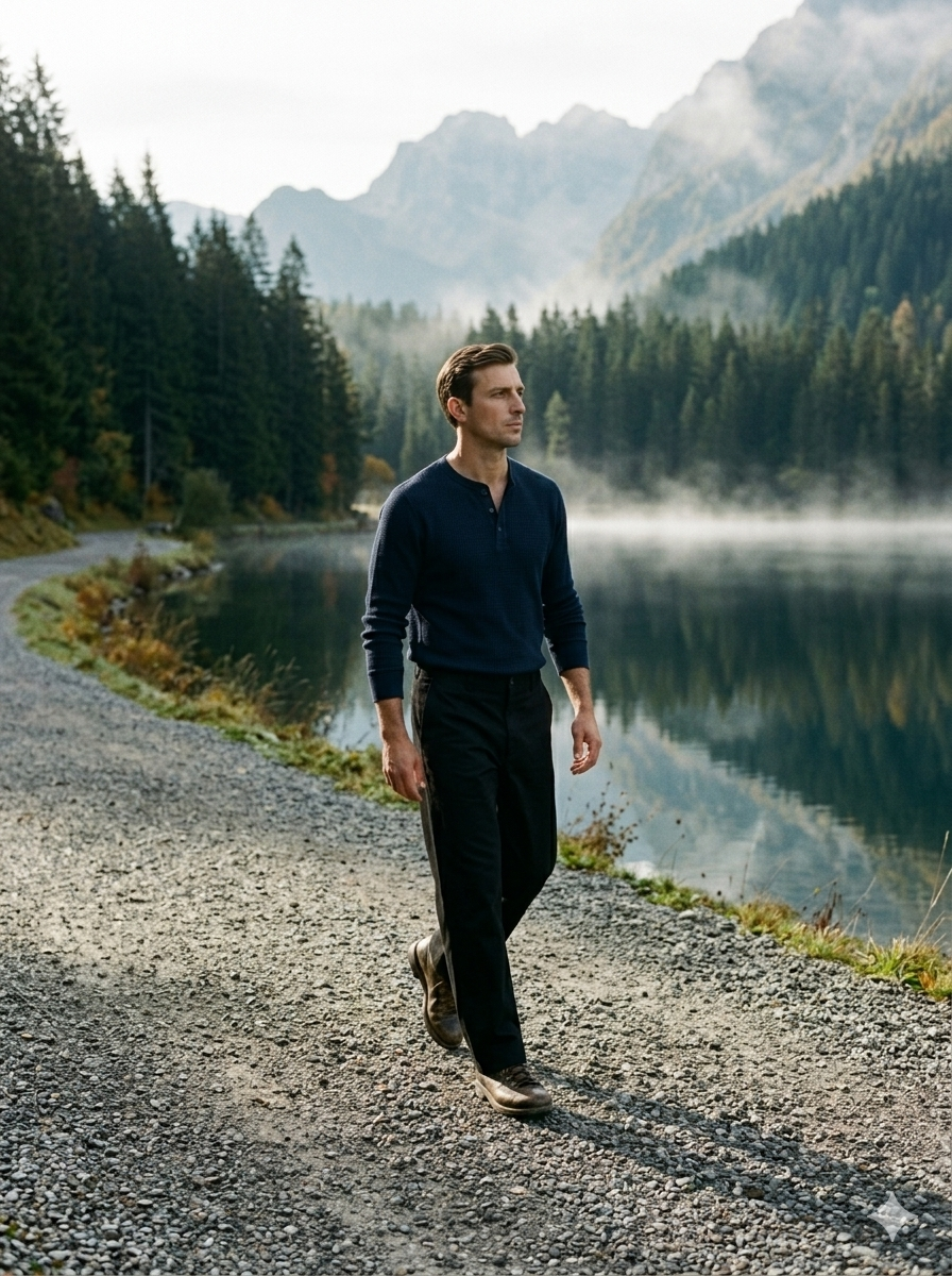 Man walking along a path by a lake with mountains in the background
