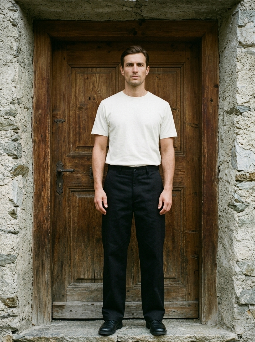Man standing in front of a wooden door on a stone wall