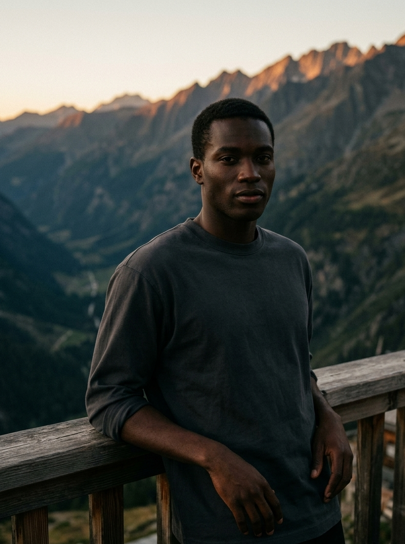 Man standing on a wooden deck with mountains in the background during sunset.
