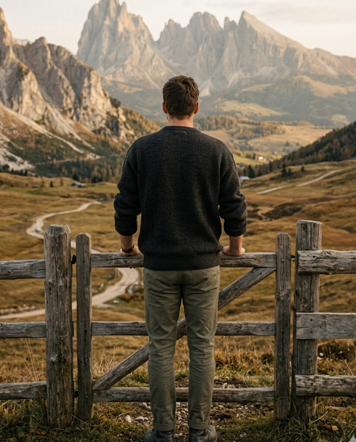 Man standing by a wooden gate looking at a mountain landscape