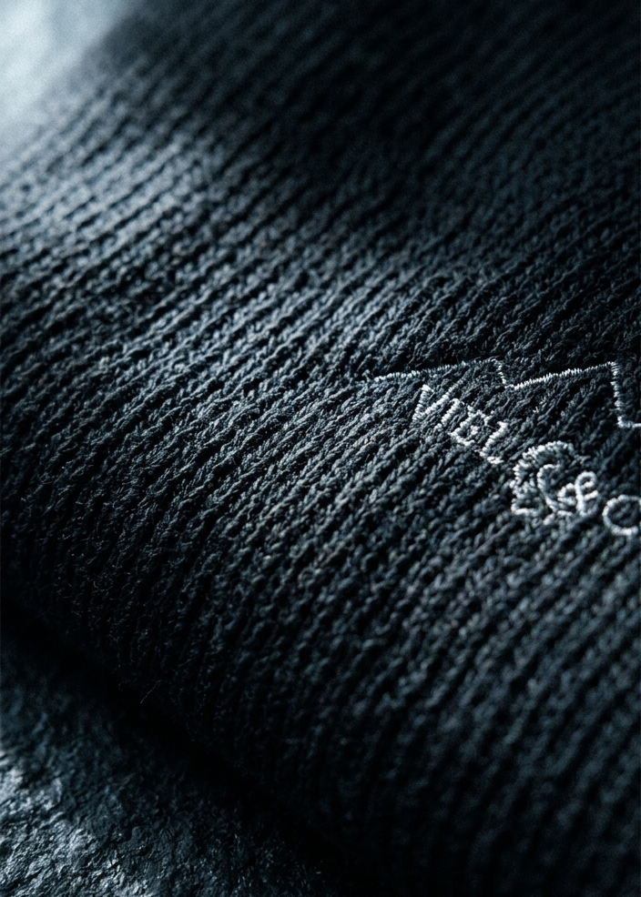 Close-up of textured black fabric with a brand logo.