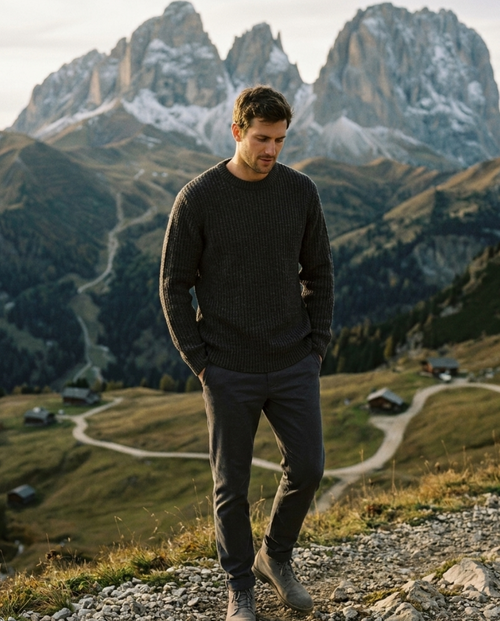 Man standing on a mountain path with snow-capped peaks in the background