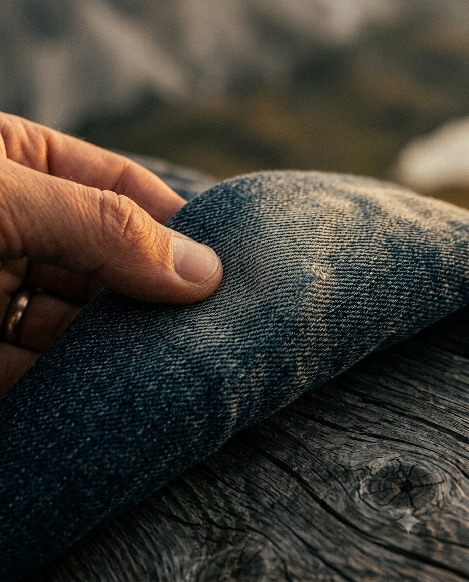 Hand holding a piece of denim fabric on a wooden surface with a blurred natural background