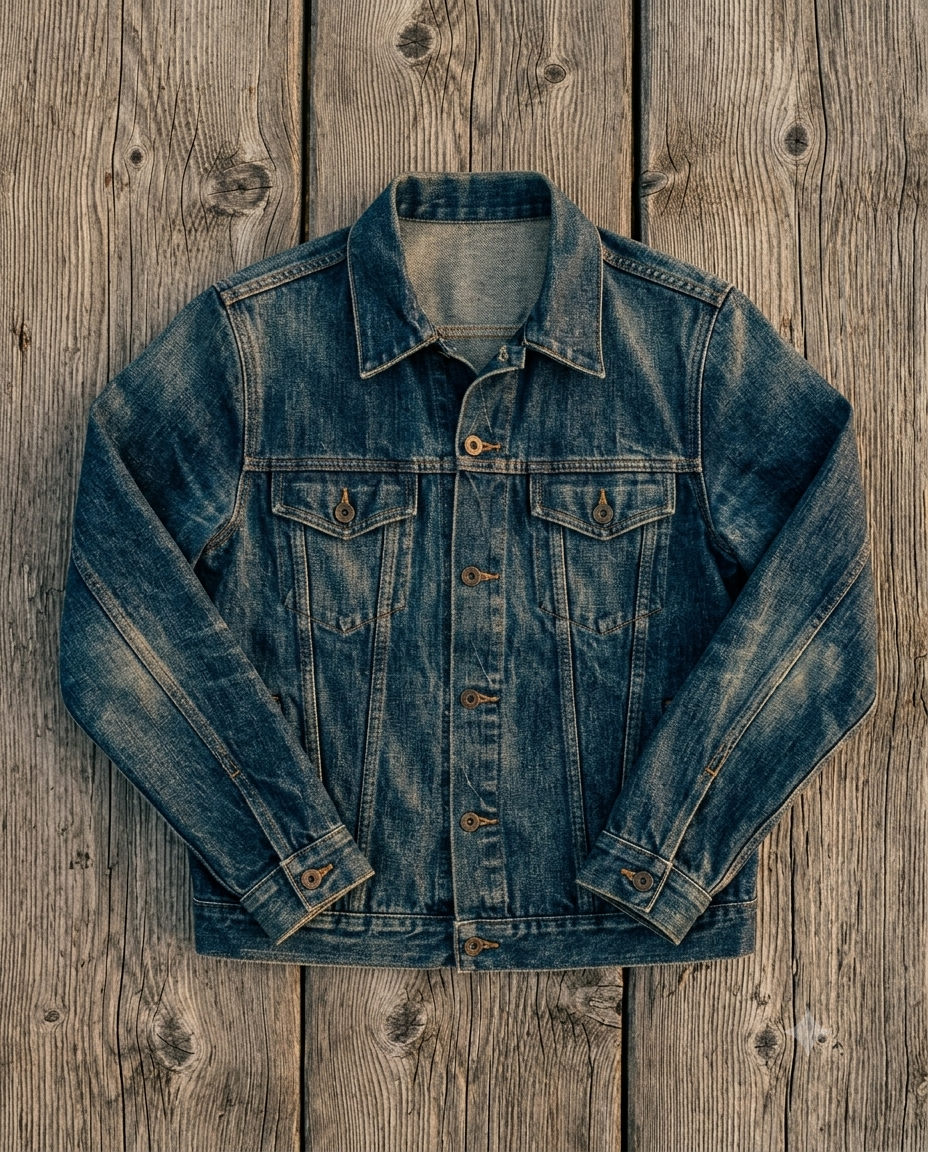Blue denim jacket on a wooden surface