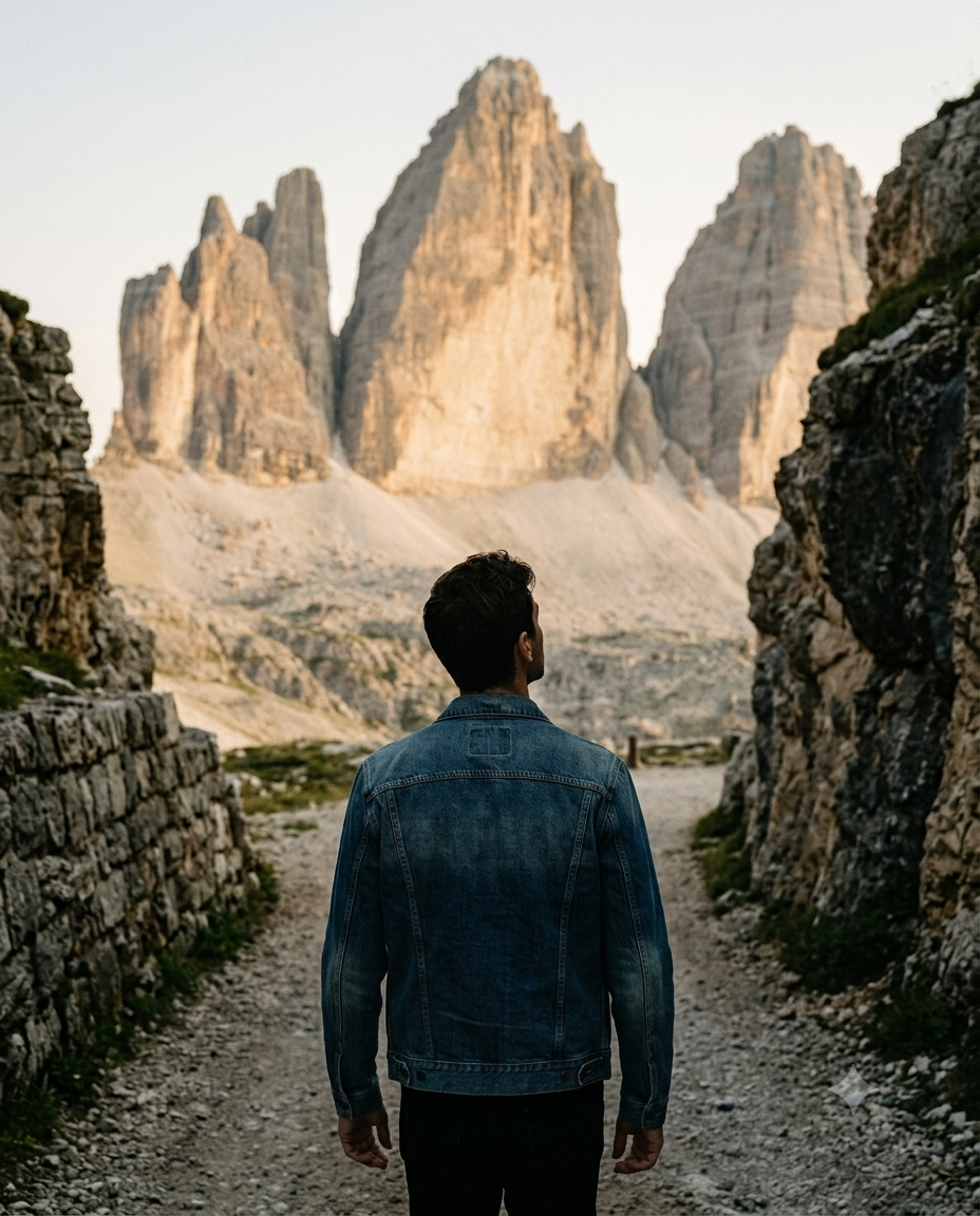 Person standing in front of a mountainous landscape with rocky formations.