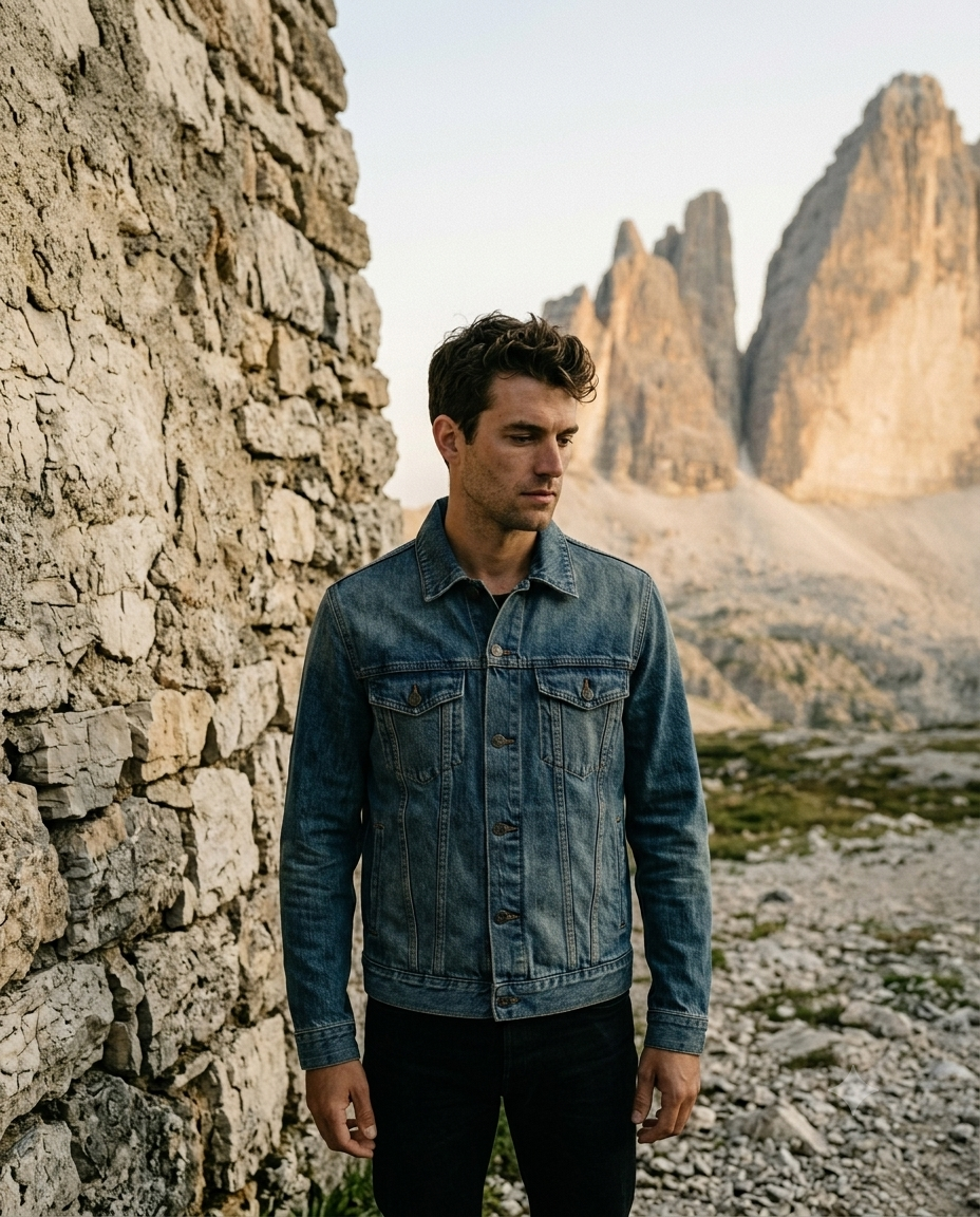 Man in a denim jacket standing against a stone wall with mountains in the background