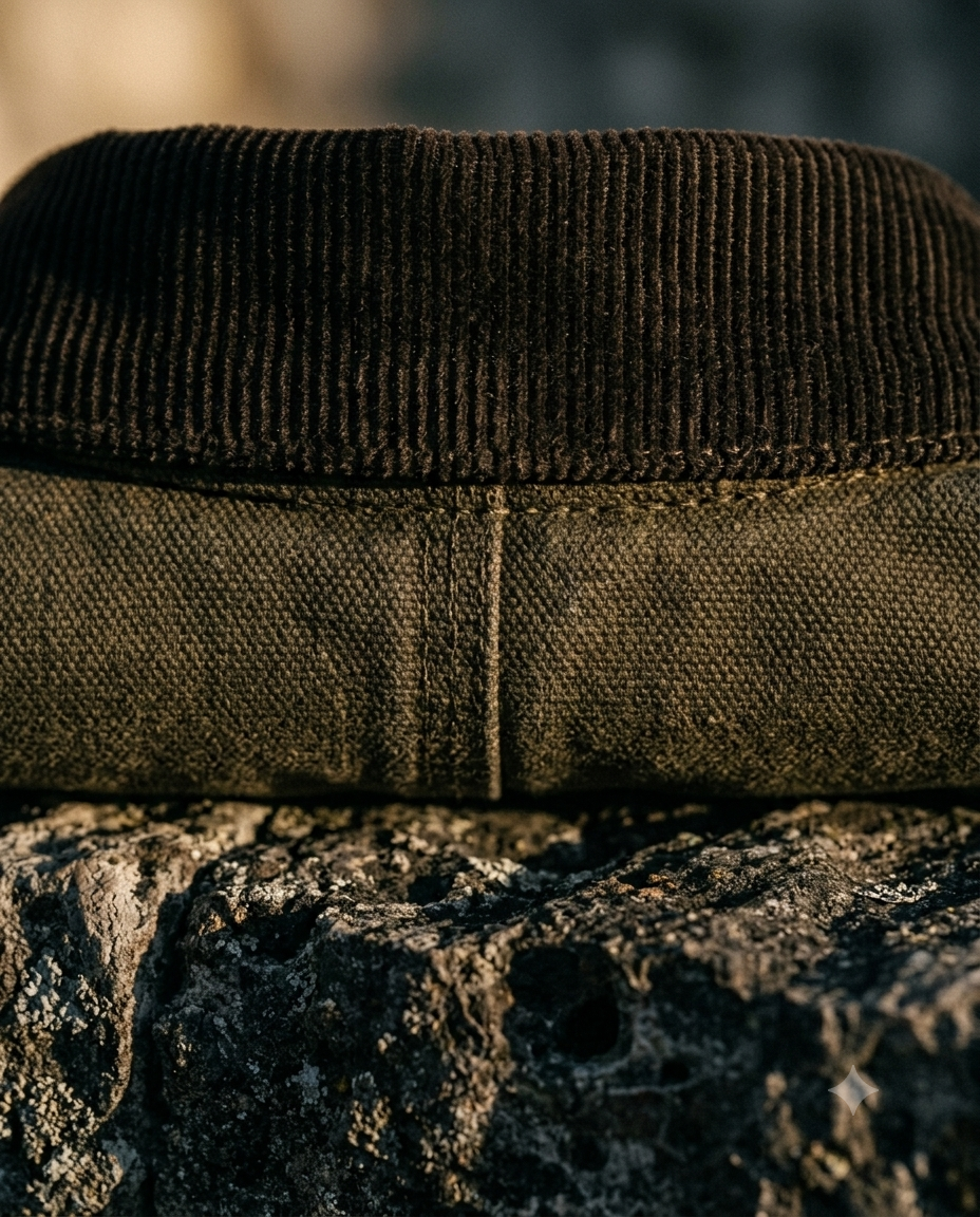 Close-up of a brown jacket collar on a stone surface