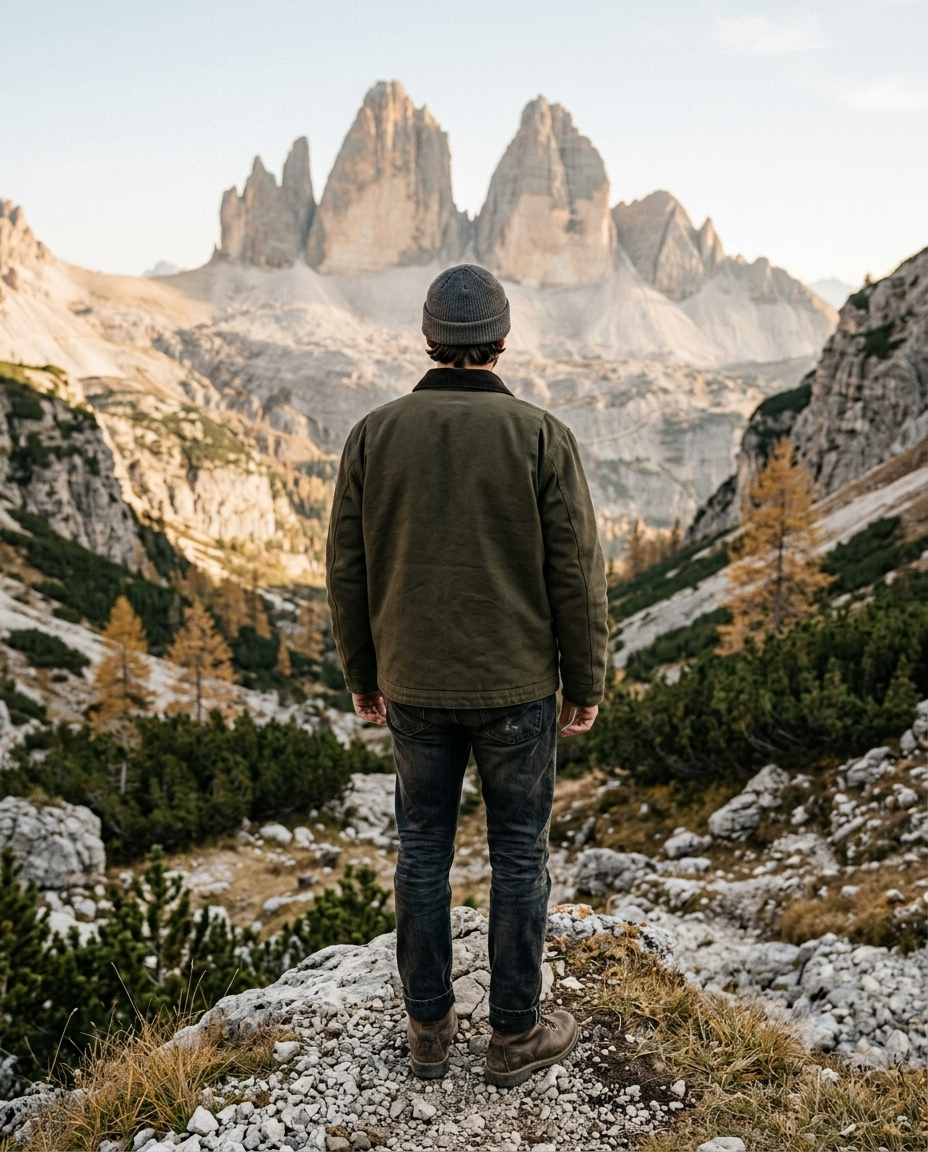 Person standing on a mountain trail with a scenic view of rocky peaks and trees.