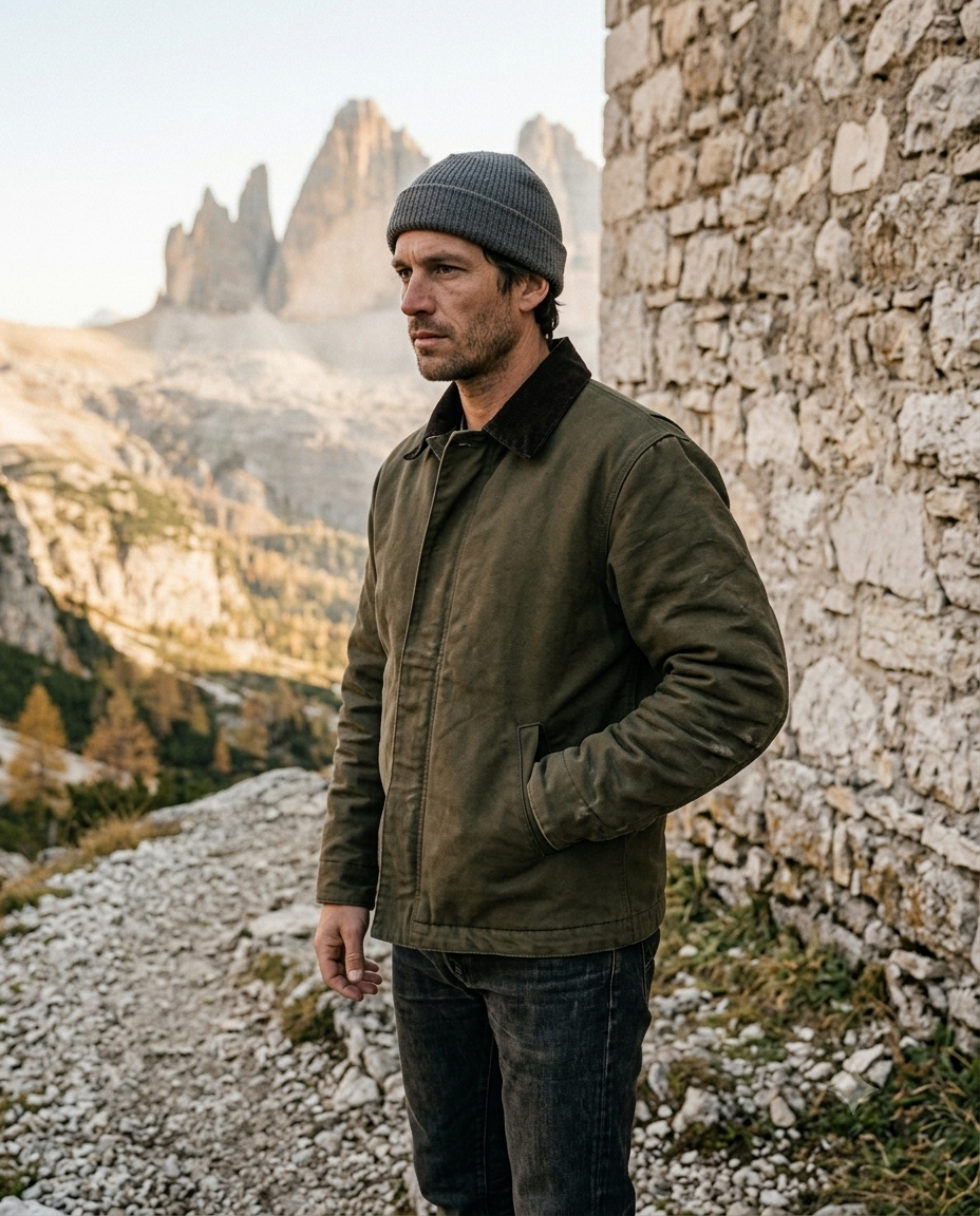 Man in a green jacket and gray beanie standing against a stone wall with mountains in the background