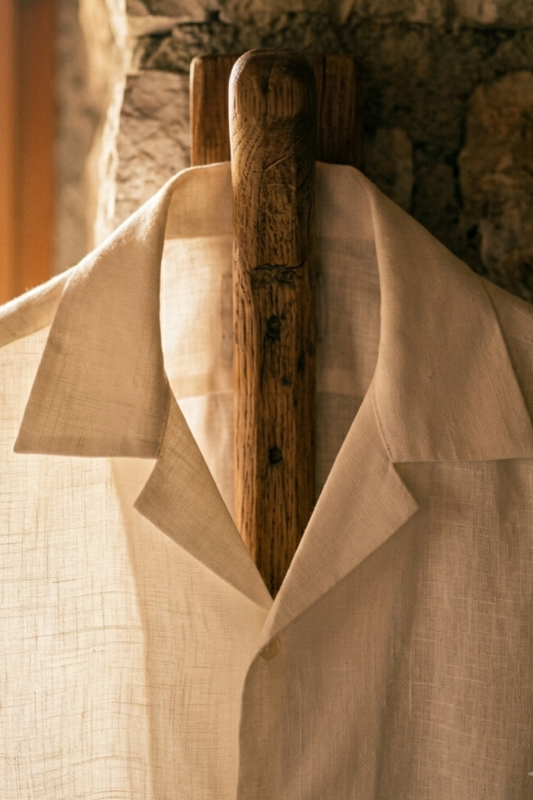 Light-colored shirt on a wooden hanger against a stone wall.