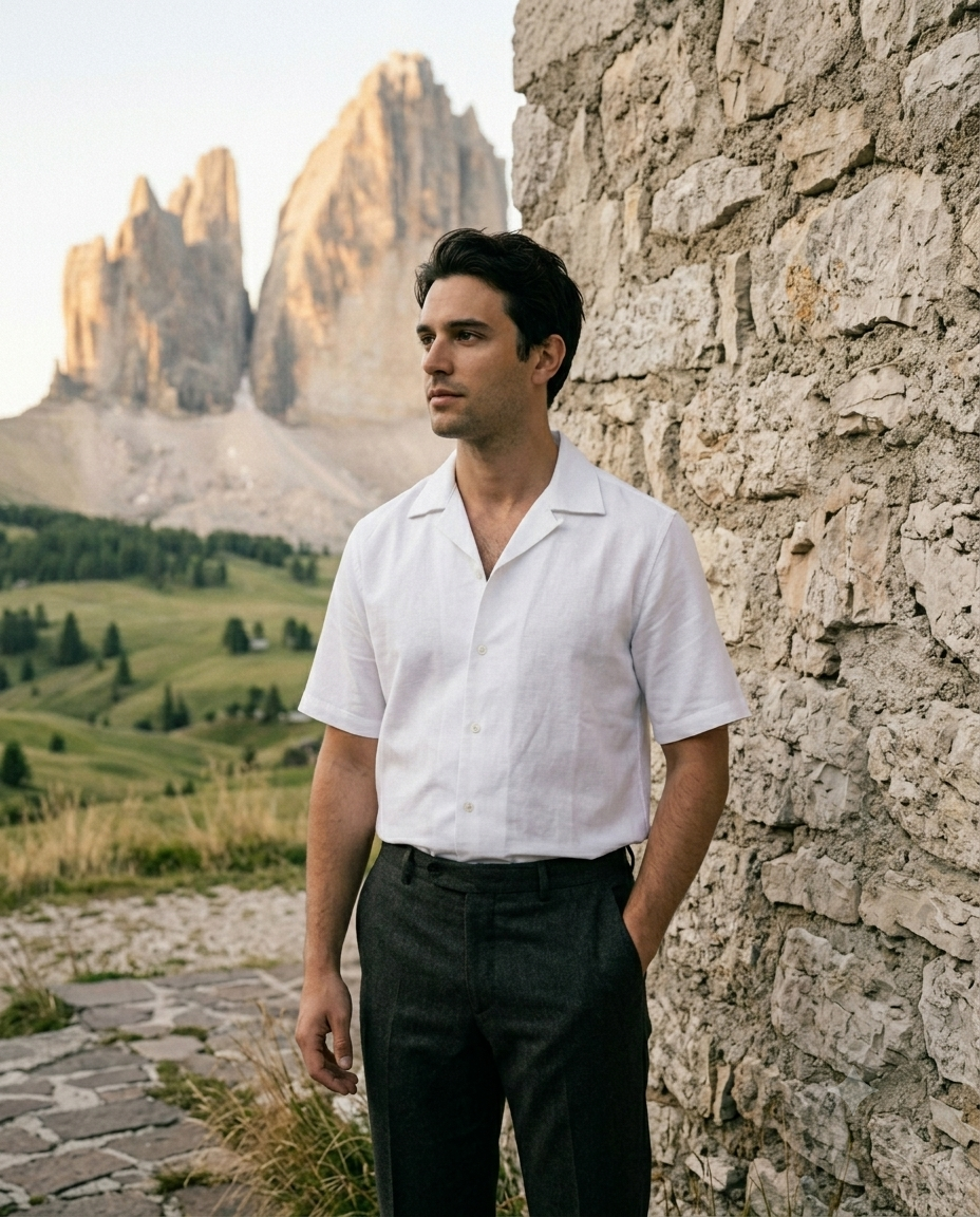 Man in a white shirt and dark pants standing against a stone wall with mountainous landscape in the background