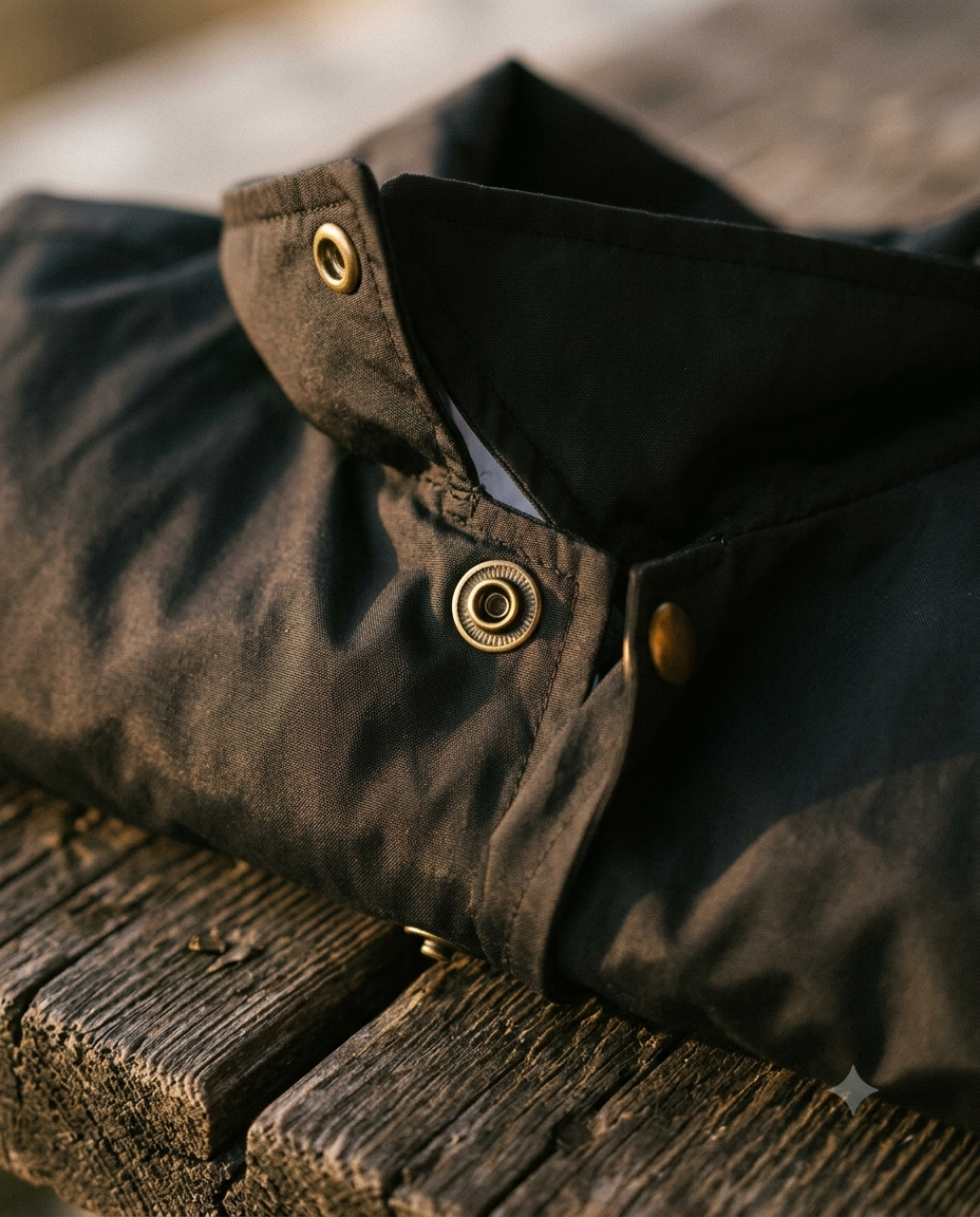 Close-up of a dark jacket with gold buttons on a wooden surface