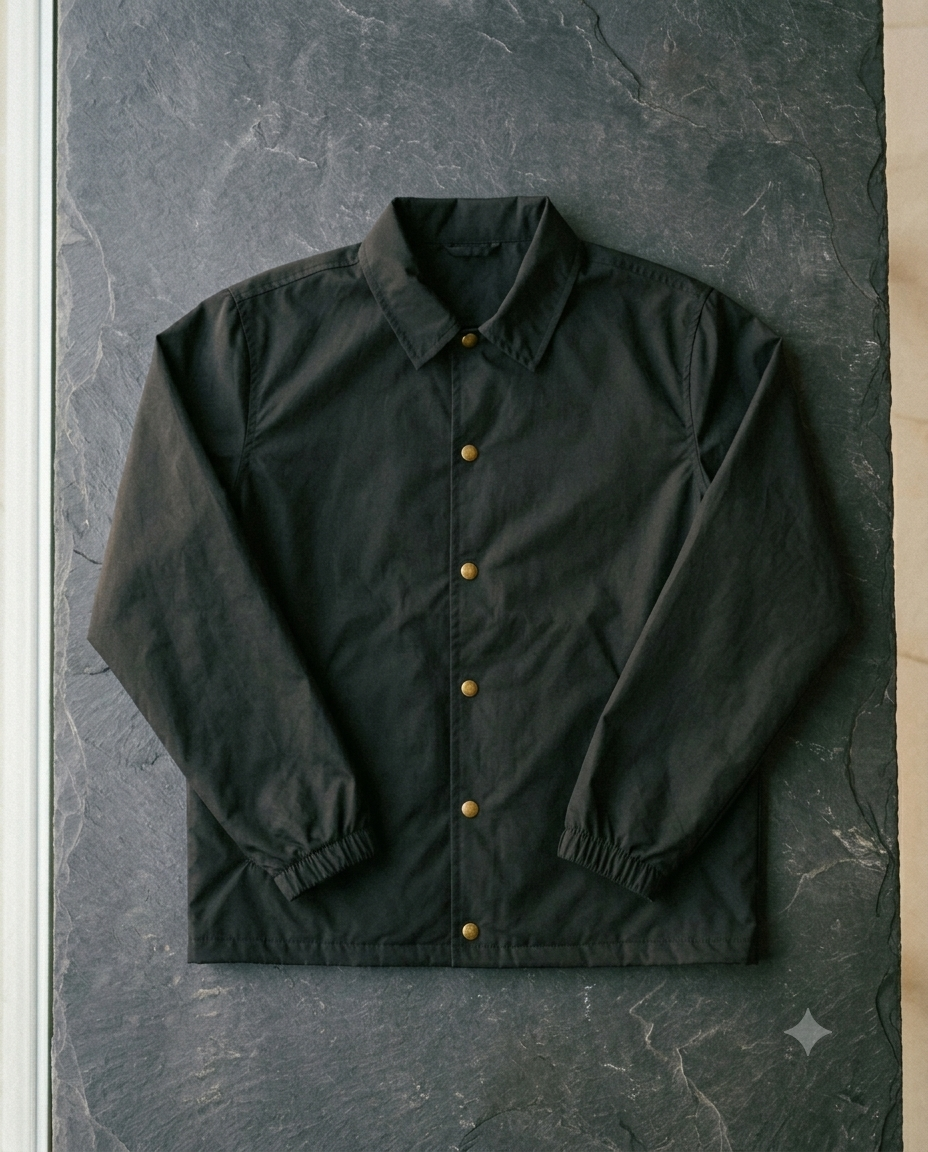 Dark green jacket with gold buttons on a gray stone surface