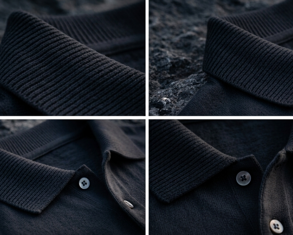 Collage of a dark blue shirt collar with buttons on a textured surface.