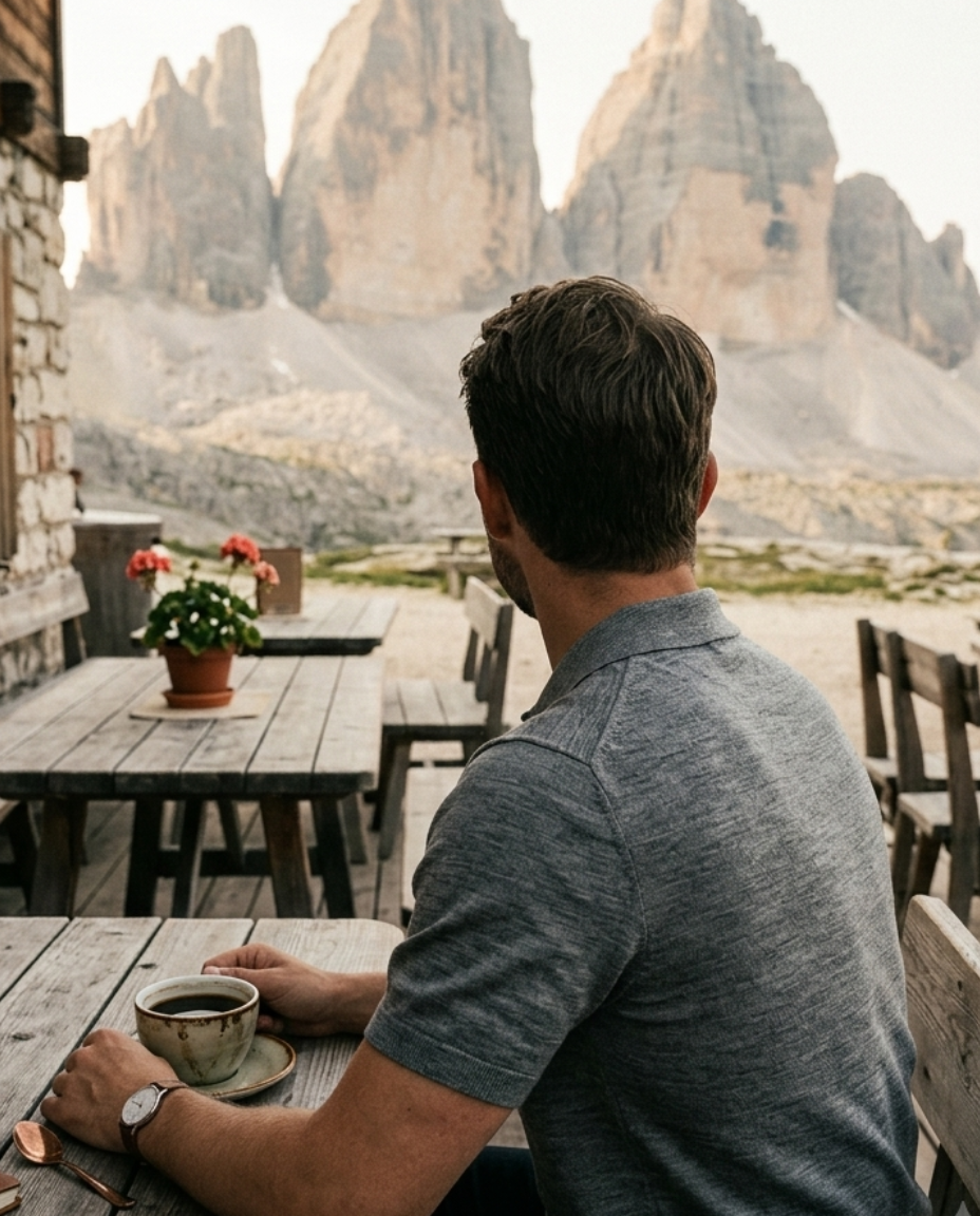 Man sitting at a wooden table in a mountainous area, looking at the Three Peaks of Lavaredo.