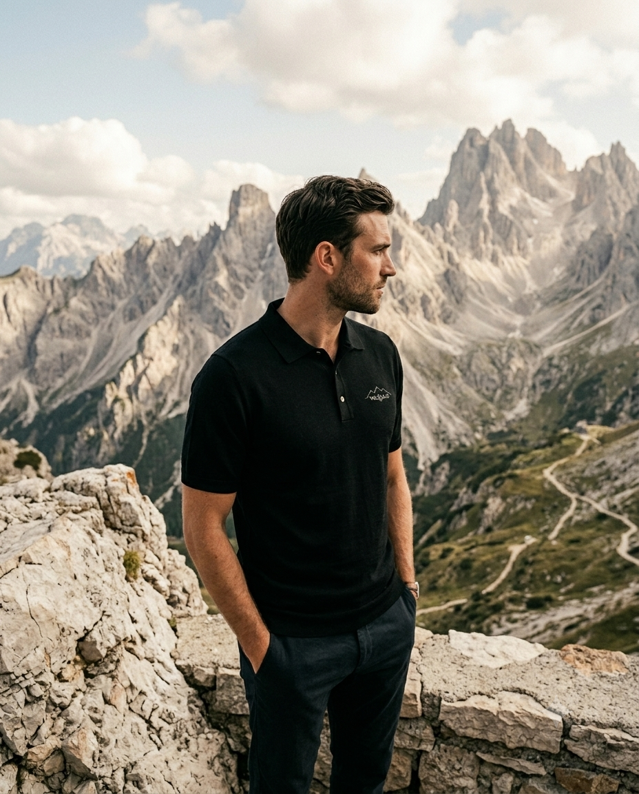 Man standing on a rocky outcrop with mountainous landscape in the background