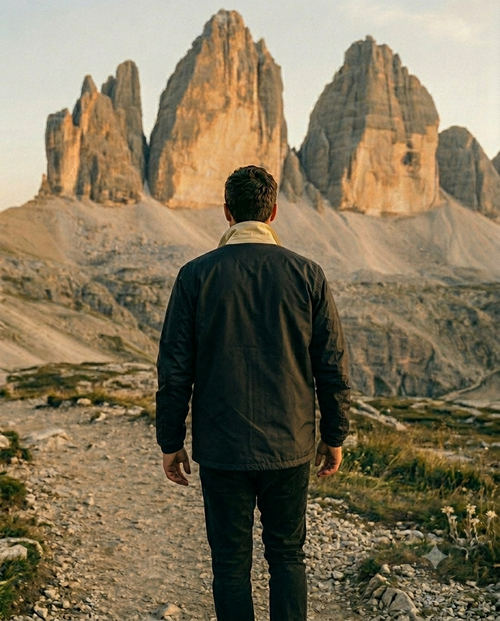 Person standing on a mountain path with large rock formations in the background