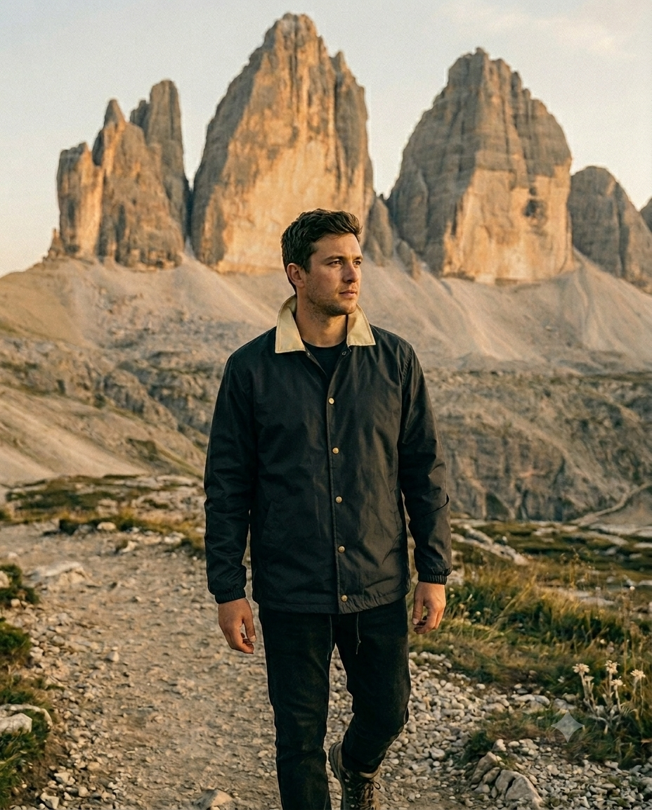 Man standing on a mountain path with dramatic rock formations in the background