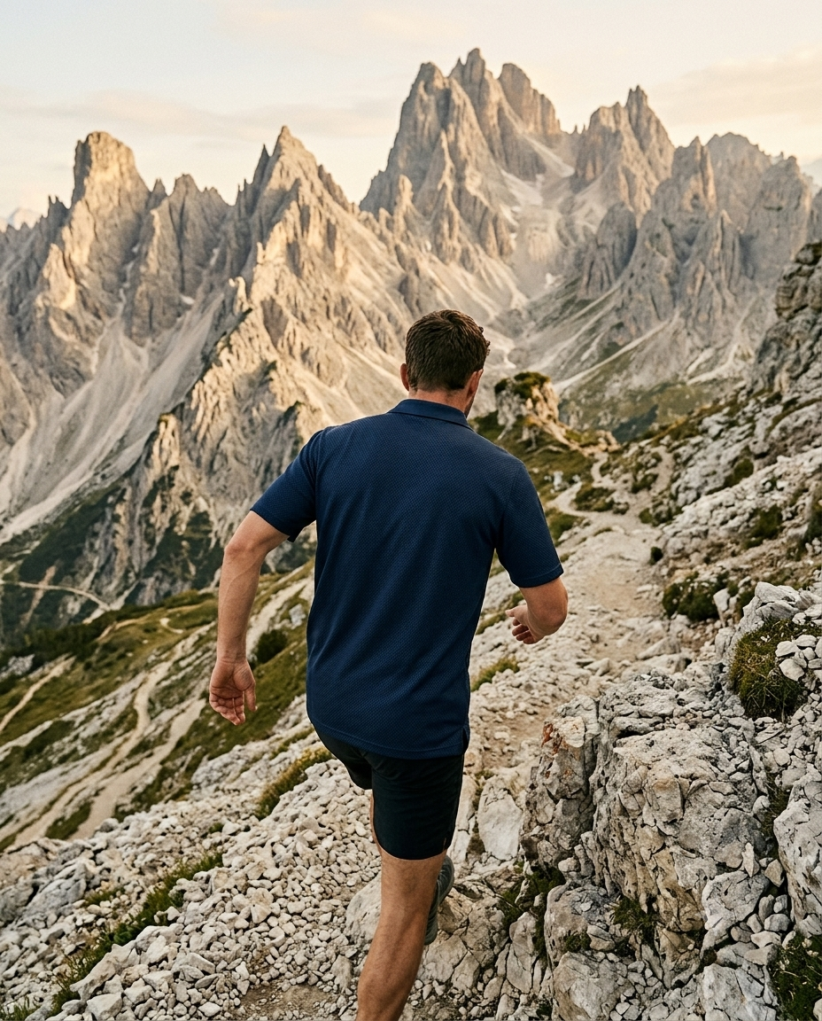 Person running on a mountain trail with dramatic mountain peaks in the background