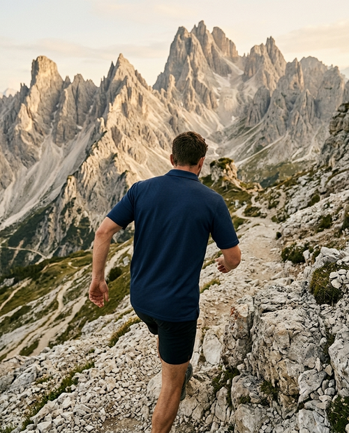 Person running on a mountain trail with dramatic mountain peaks in the background