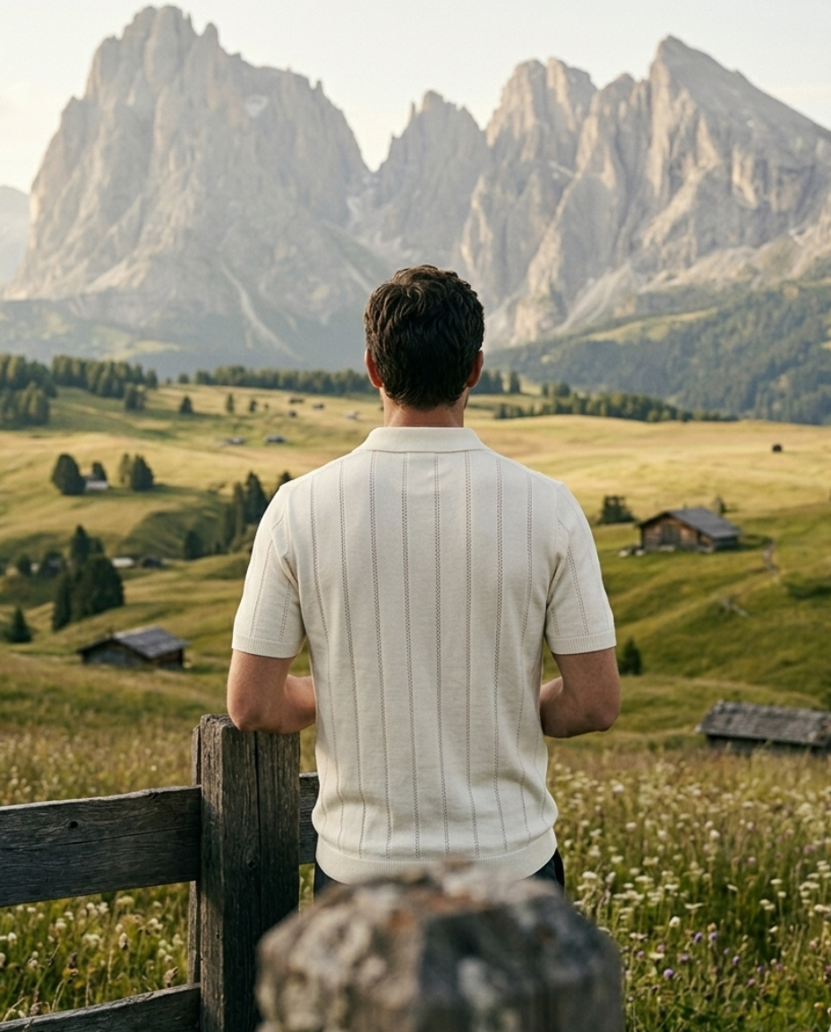 Man standing by a wooden fence looking at a scenic mountain landscape.