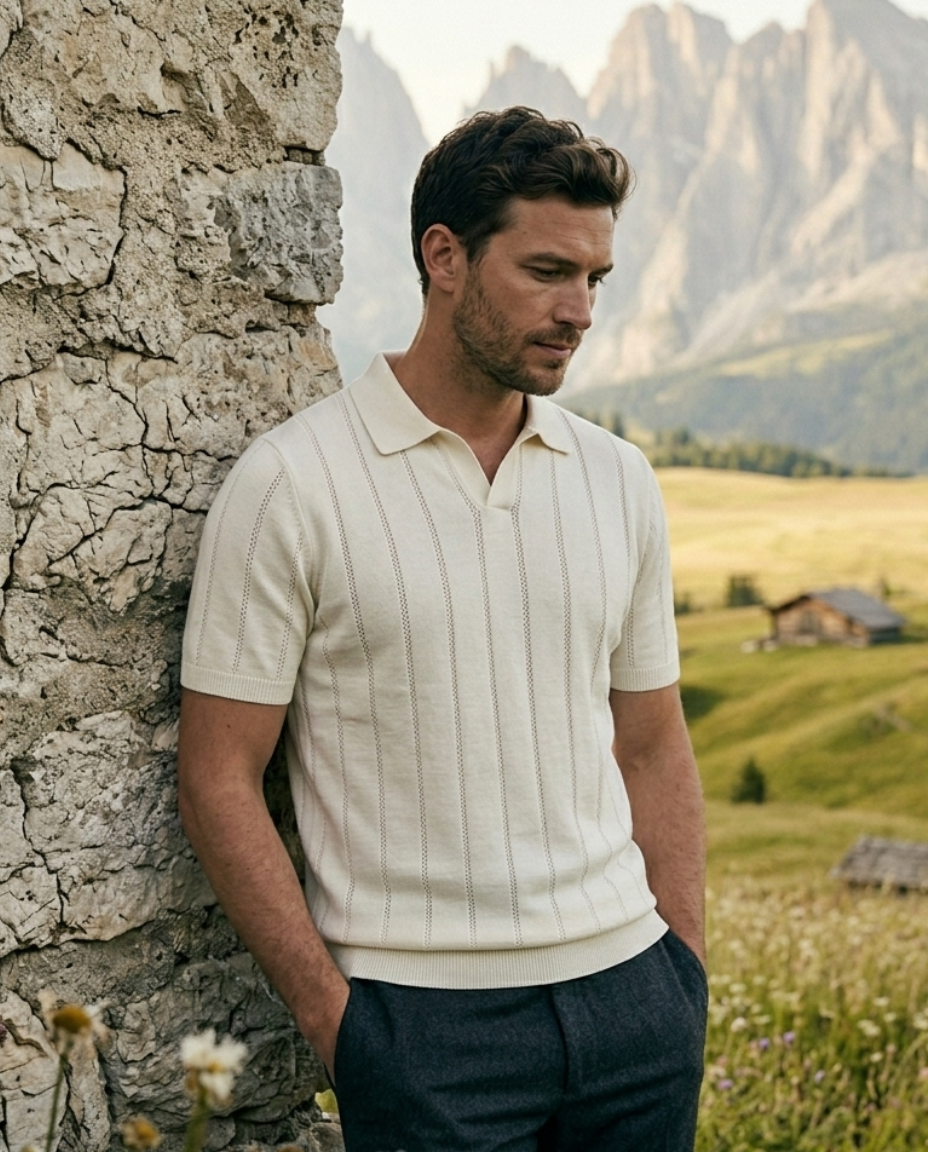 Man leaning against a stone wall with mountains in the background