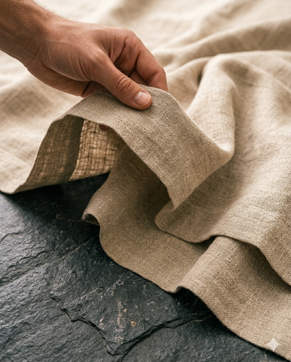 Hand holding beige fabric on a dark surface