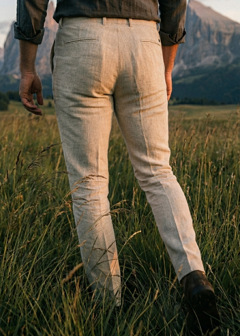 Person wearing light-colored pants standing in a grassy field with mountains in the background