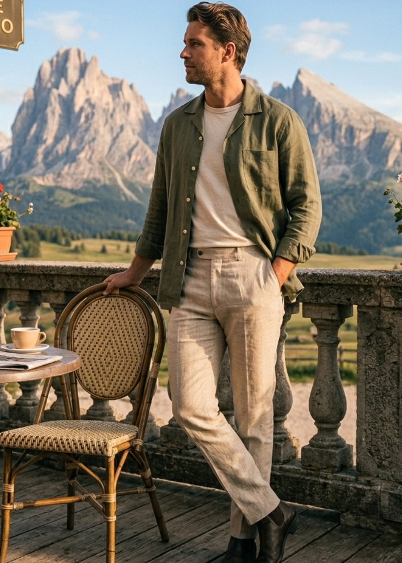 Man standing on a balcony with mountains in the background, Cafe Alpino sign visible