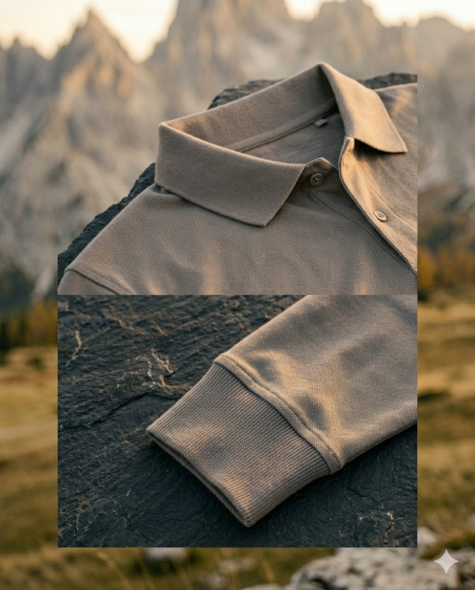Folded brown jacket on a rock with a mountainous background
