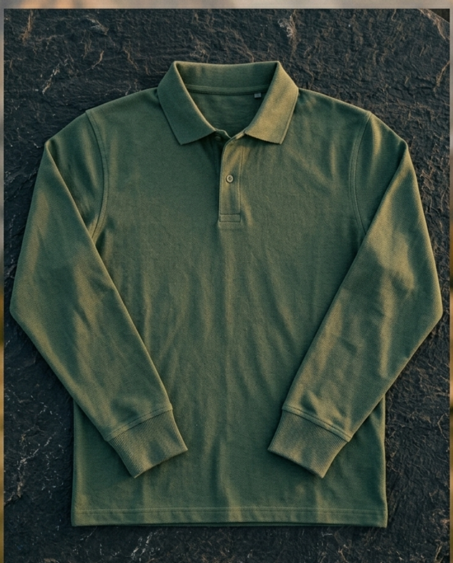 Green long-sleeve polo shirt on a textured surface with a mountainous background