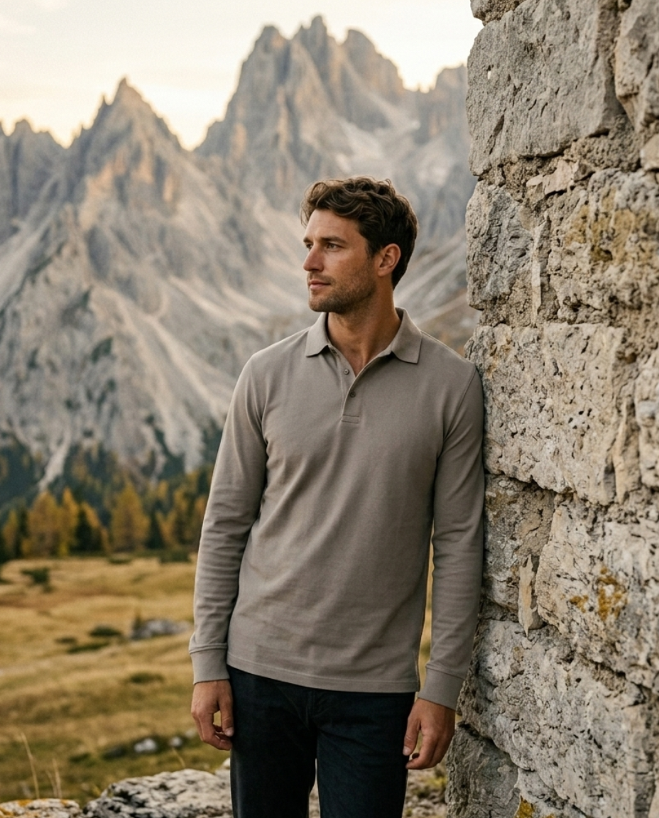 Man leaning against a stone wall with mountains in the background