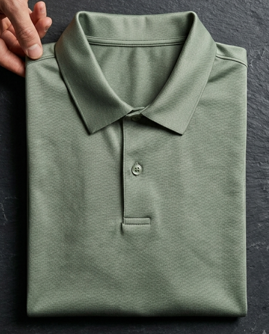 Folded green polo shirt on a dark surface