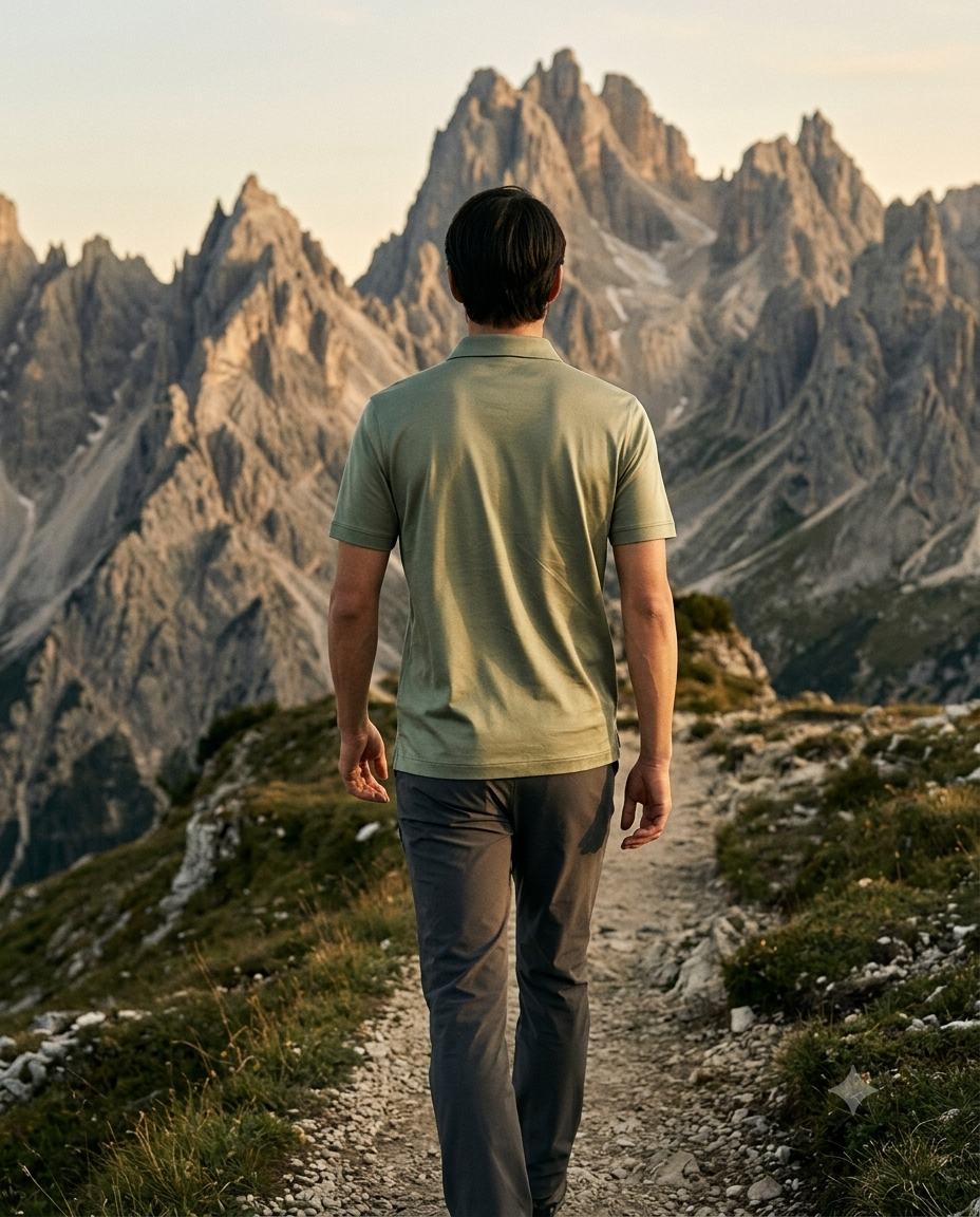 Man walking on a mountain path with towering rocky peaks in the background