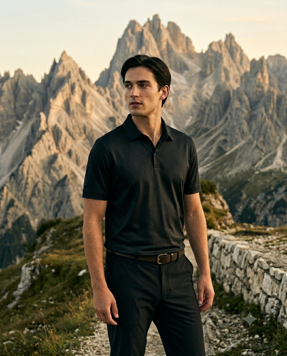 Man standing in front of a mountainous landscape