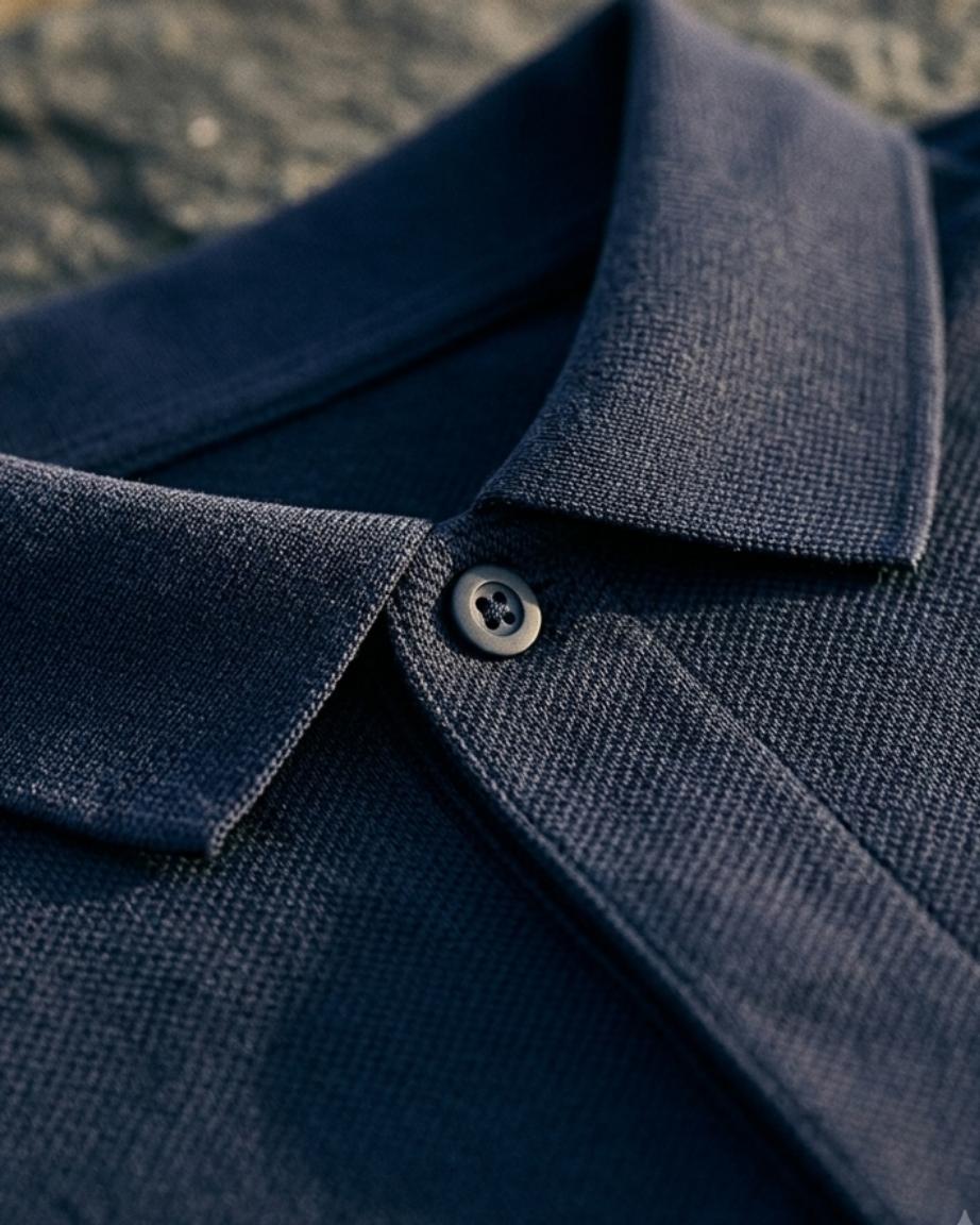 Close-up of a navy blue polo shirt with a button on a textured surface