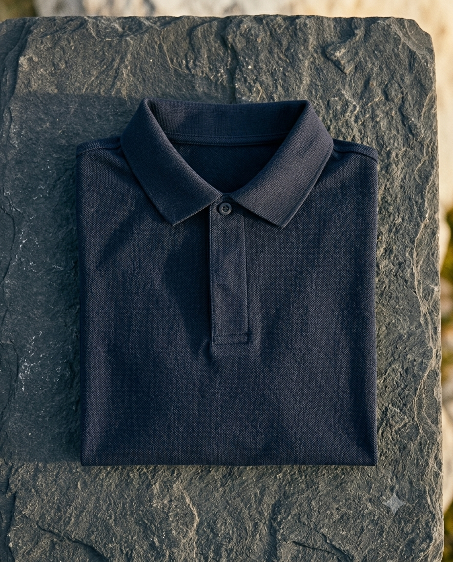Folded navy blue polo shirt on a stone surface