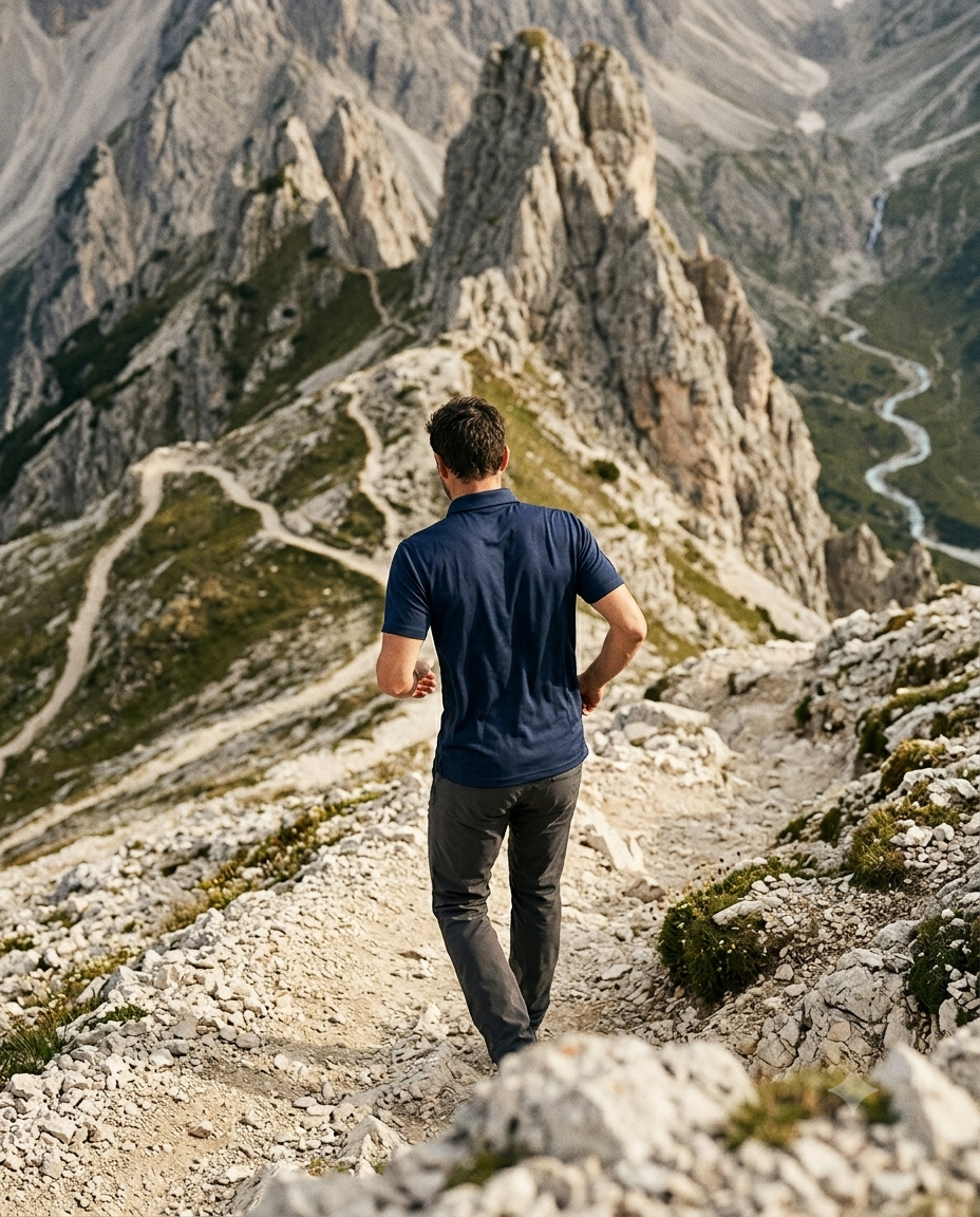 Person hiking on a mountain trail with dramatic rock formations and a river in the background