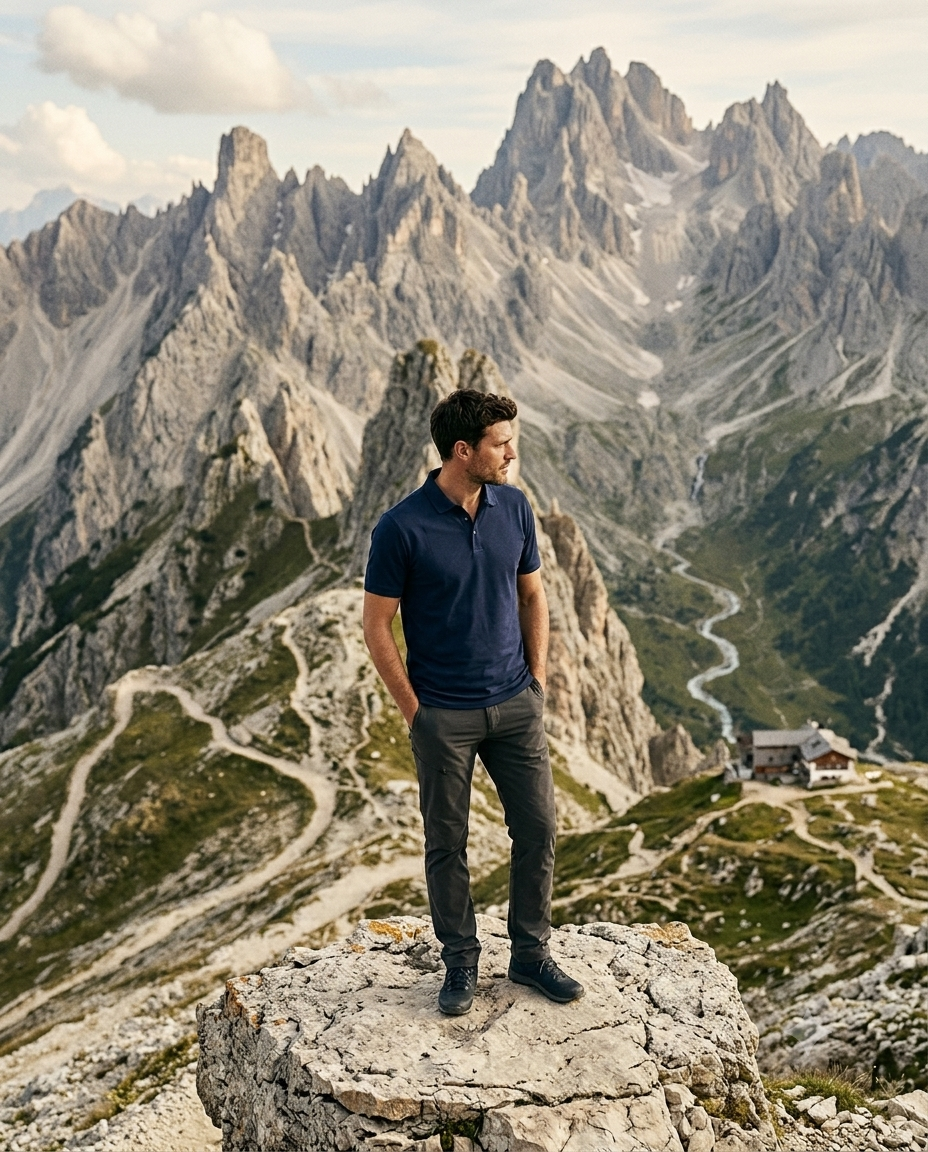 Man standing on a rocky outcrop with a breathtaking mountain landscape in the background