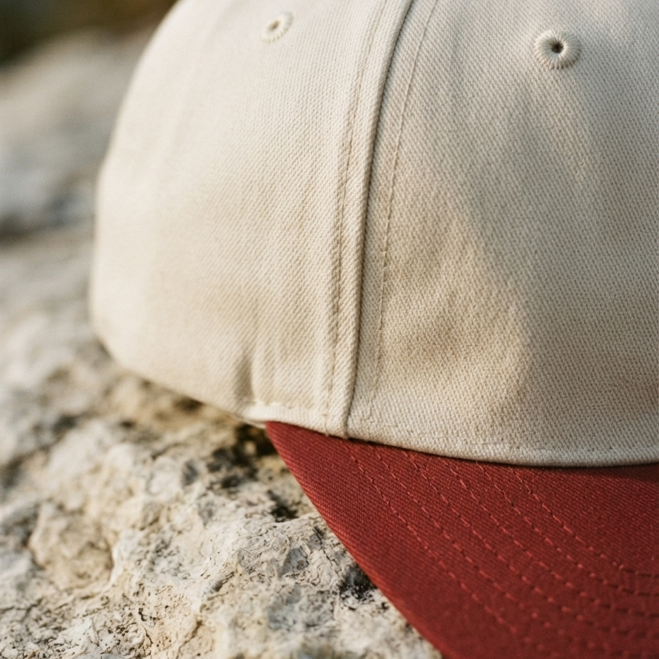 Beige cap with red brim on a textured stone surface