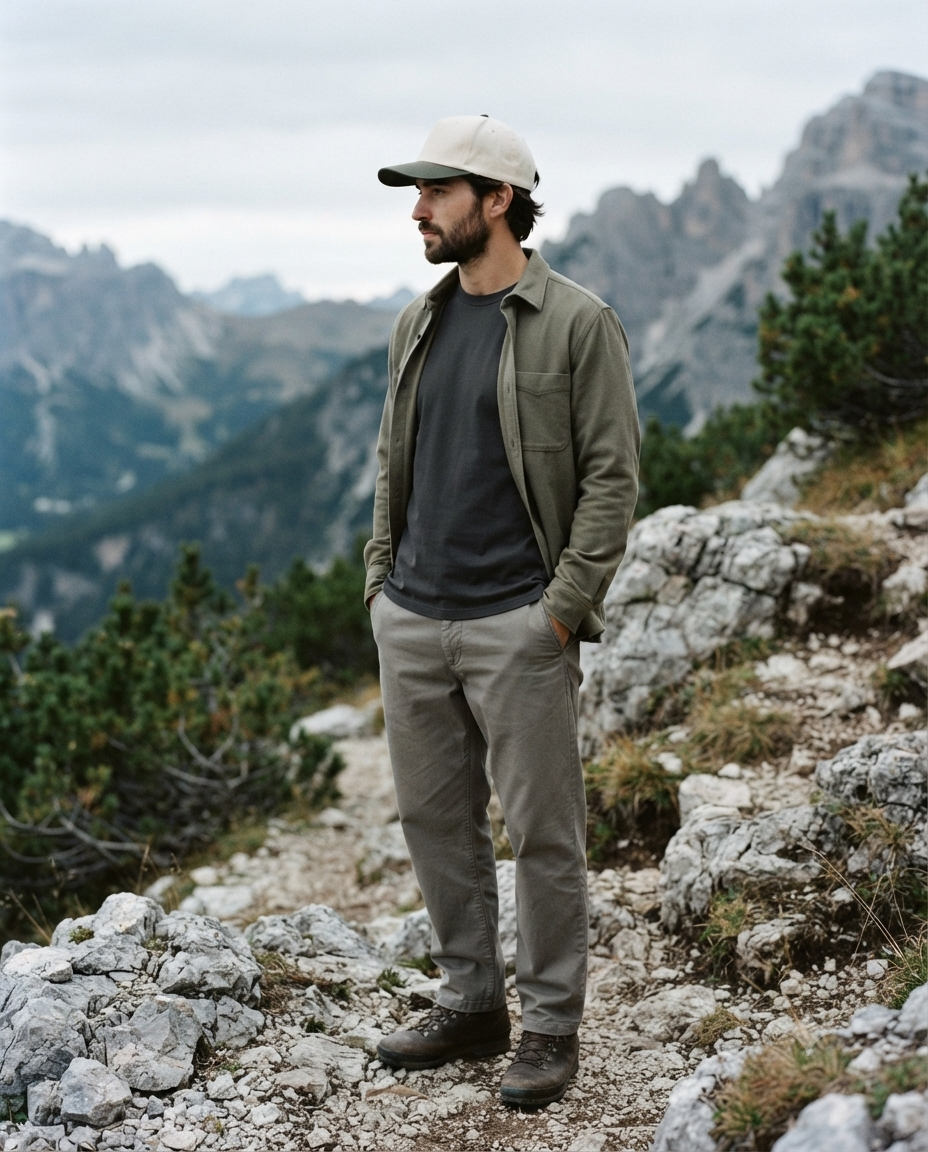 Man standing on a rocky mountain path with mountains in the background