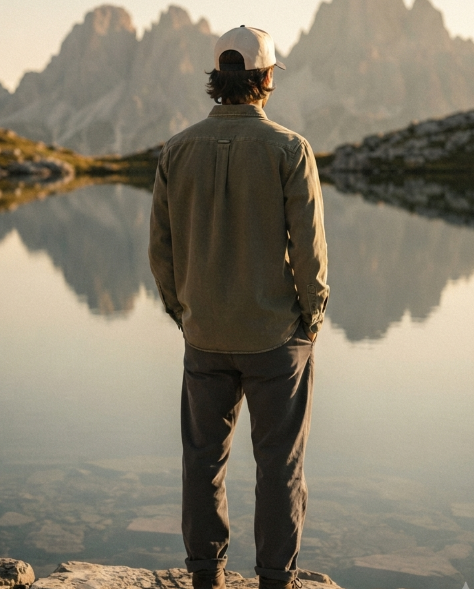 Person standing on a rocky outcrop overlooking a mountain lake at sunset.